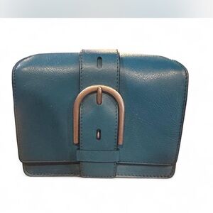 Fossil Teal Leather Clutch with Silver Accent